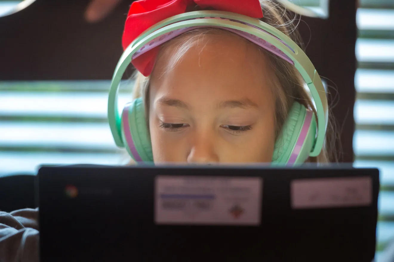 A child sitting other side of the laptop